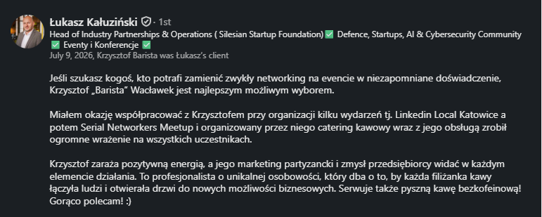 Referencja dla #KrzysztofBarista na LinkedIn